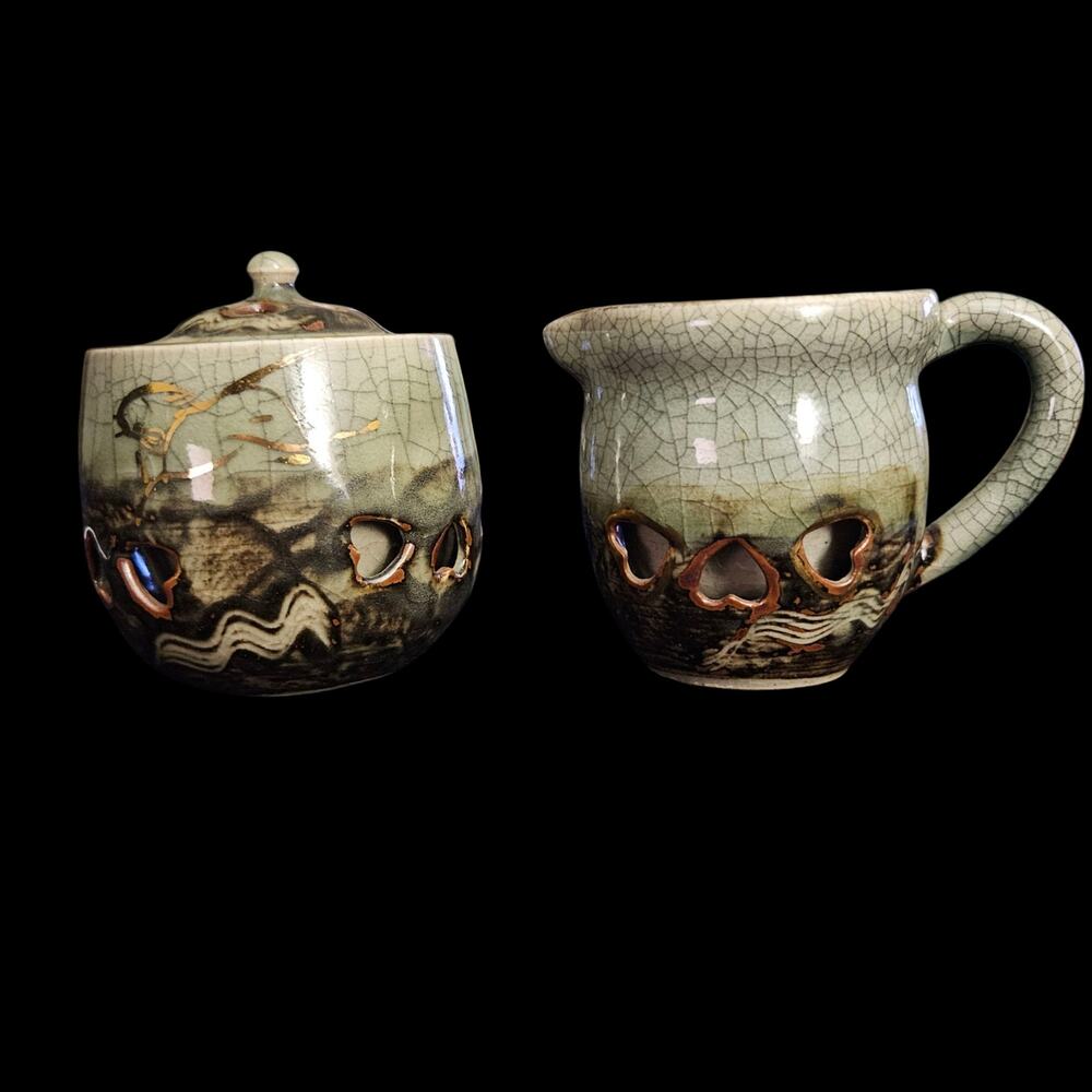 Vintage Made in Japan Art Pottery Creamer Sugar Bowl Crackle Glaze Pierced Heart